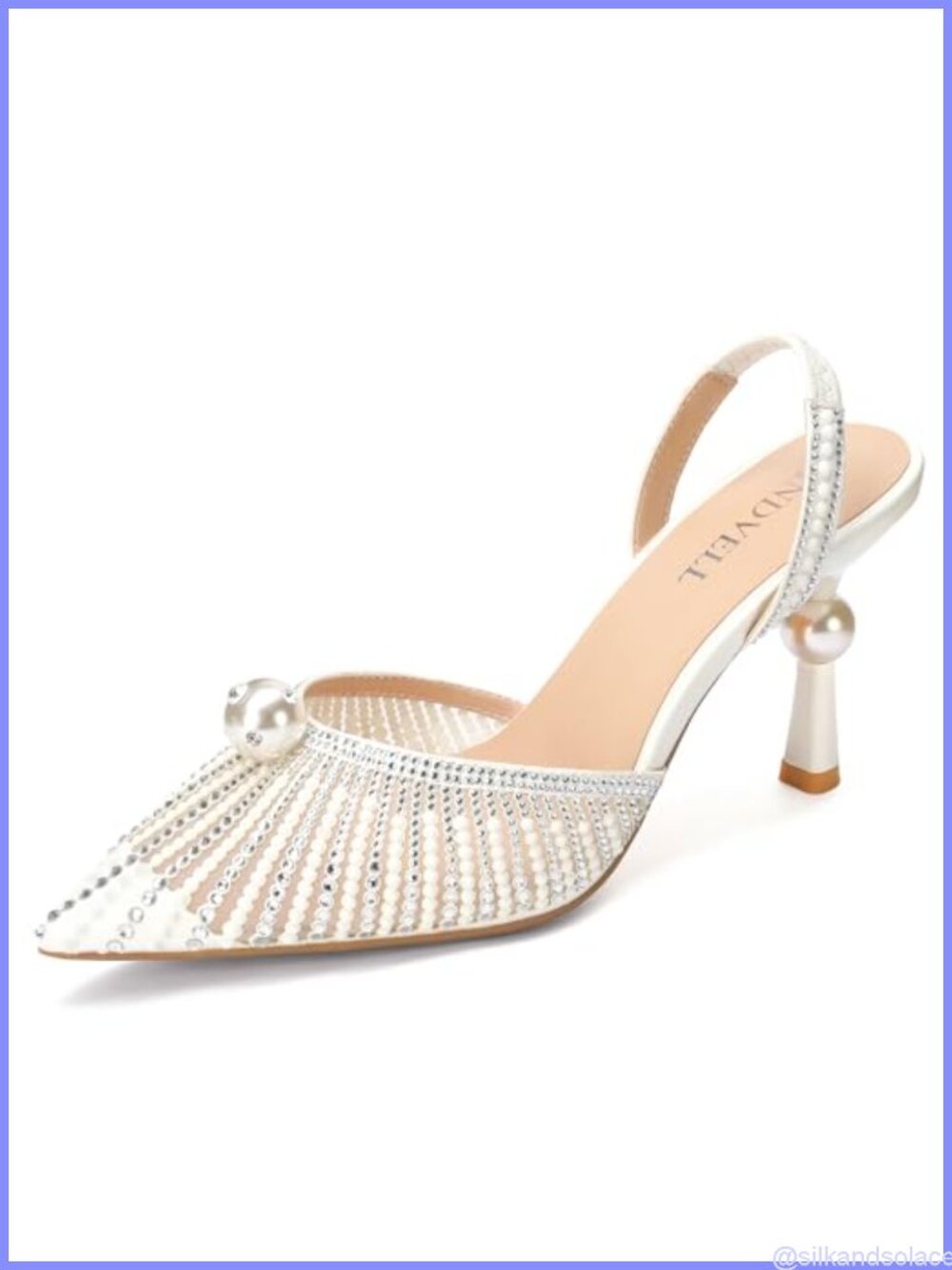Slingback Kitten Heels Pointed Toe Pearl Rhinestone Lace Wedding Pumps